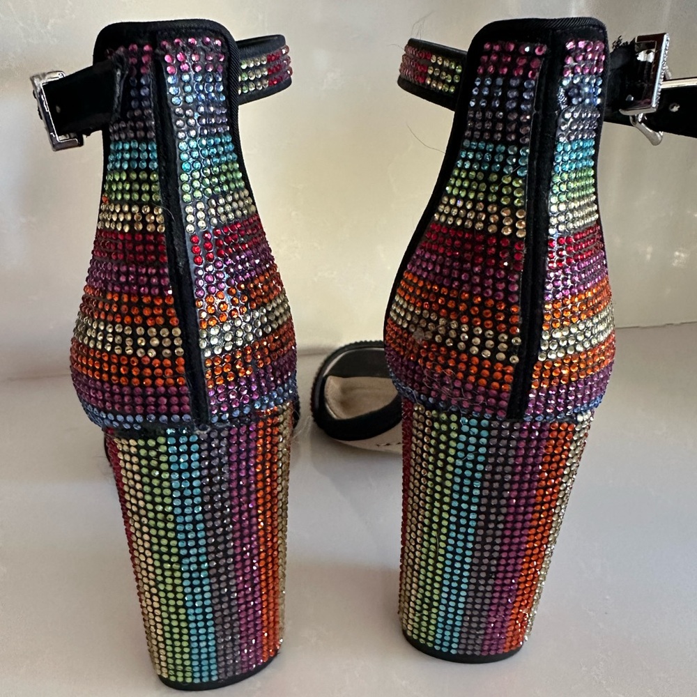 Like New Gianni Bini Rainbow Stripe Jeweled High Heel Block Sandal. Get Noticed!
